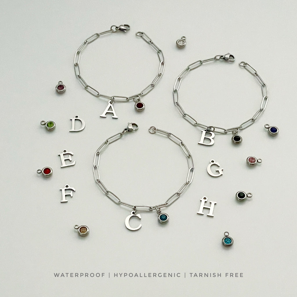 Alphabet Birthstone Paperclip Bracelet Silver (V-Z)– Aisha Wong